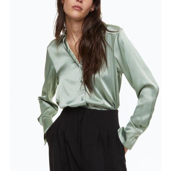 H&M Long Sleeve Satin Button Up Shirt Relaxed Fit V-Neck Sage Green Womens Sz L - Picture 2 of 10
